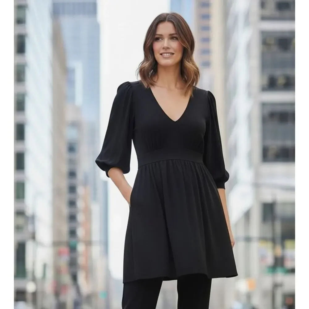Banana Republic Stretch Tunic Long Top Sz‎ M BLACK Puff Sleeve V-Neck Barbiecore